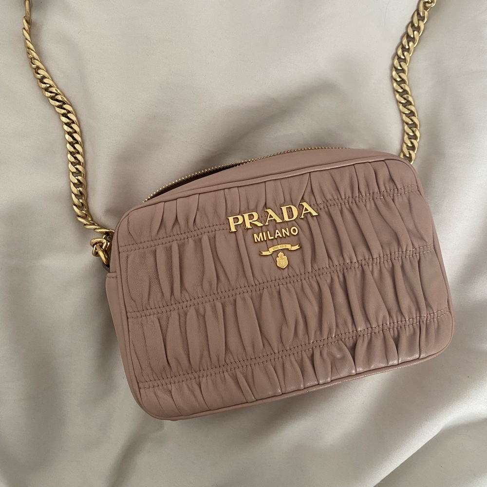 prada bandoliera, napa gaufre ‘1, in color “cipria” (dusty rose pink)